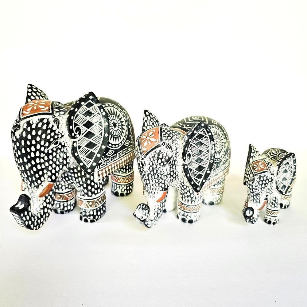Feng Shui Elephant Figurine Set 3 Tribal Geometric Black White Boho Decor Safari